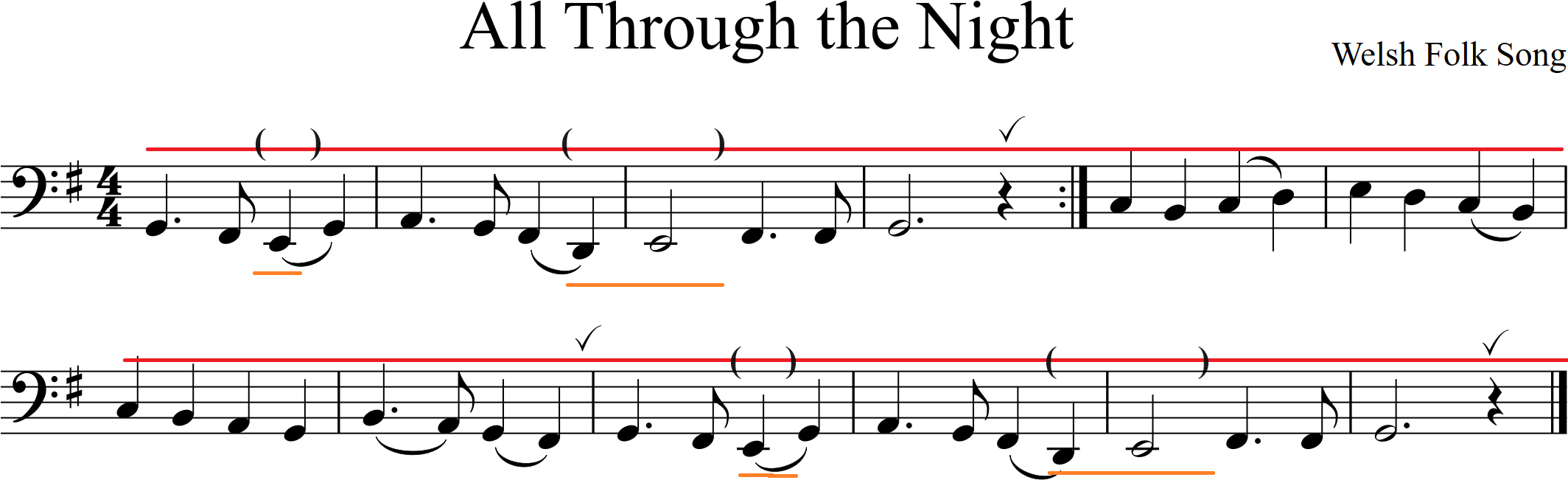 score of All Through the Night marked with finger reminders