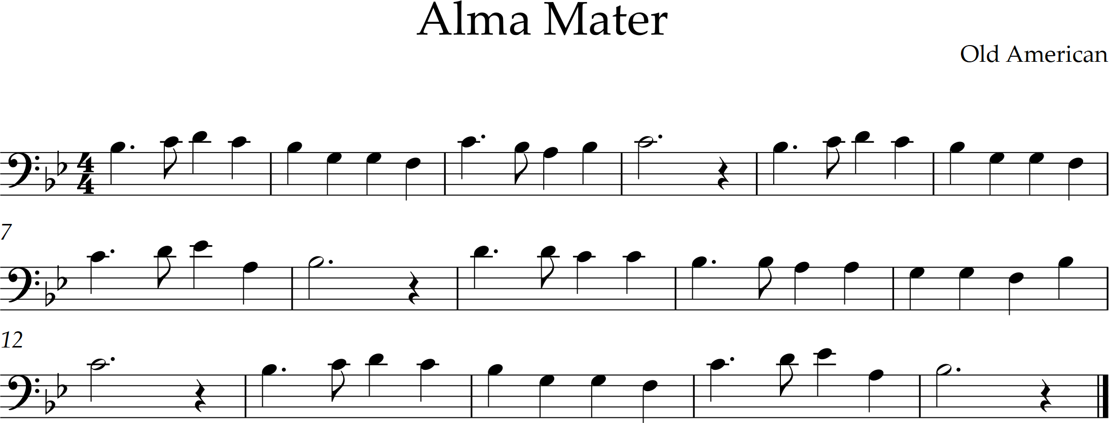 Alma Mater in Eb, range middle Eb to upper Eb