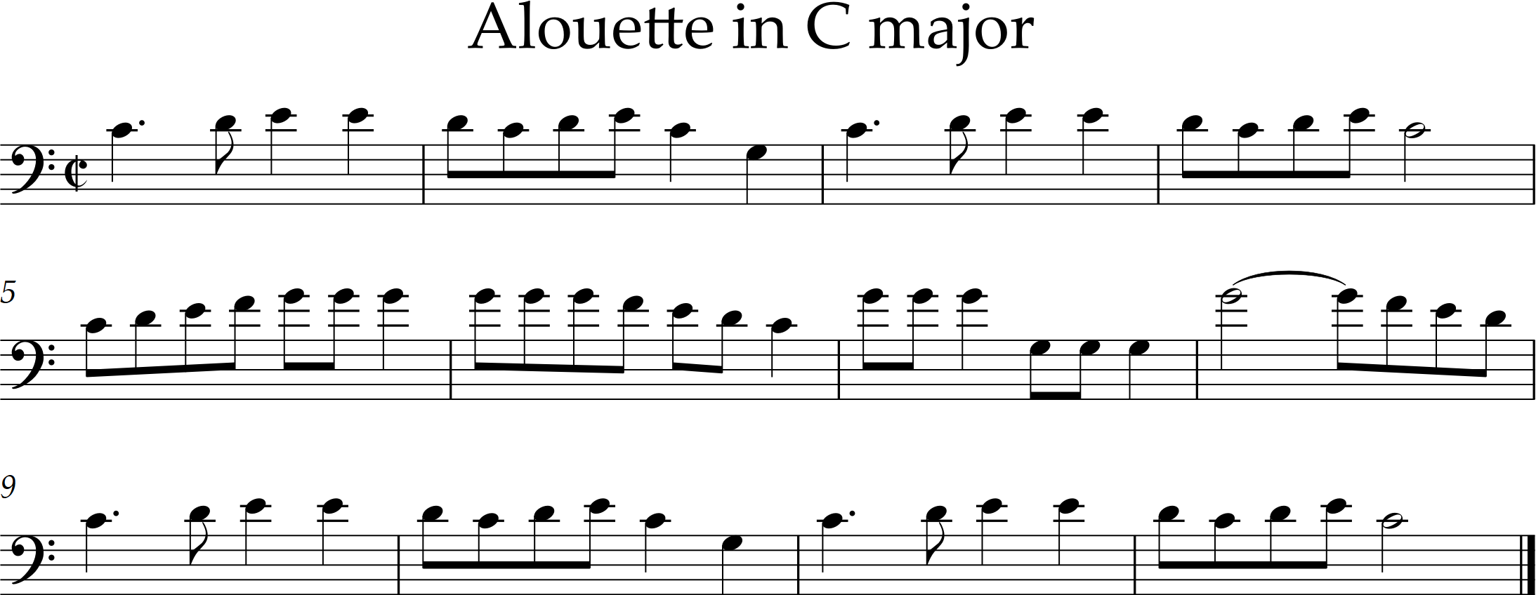 tune Aloutte, key C major, range C3-G3
