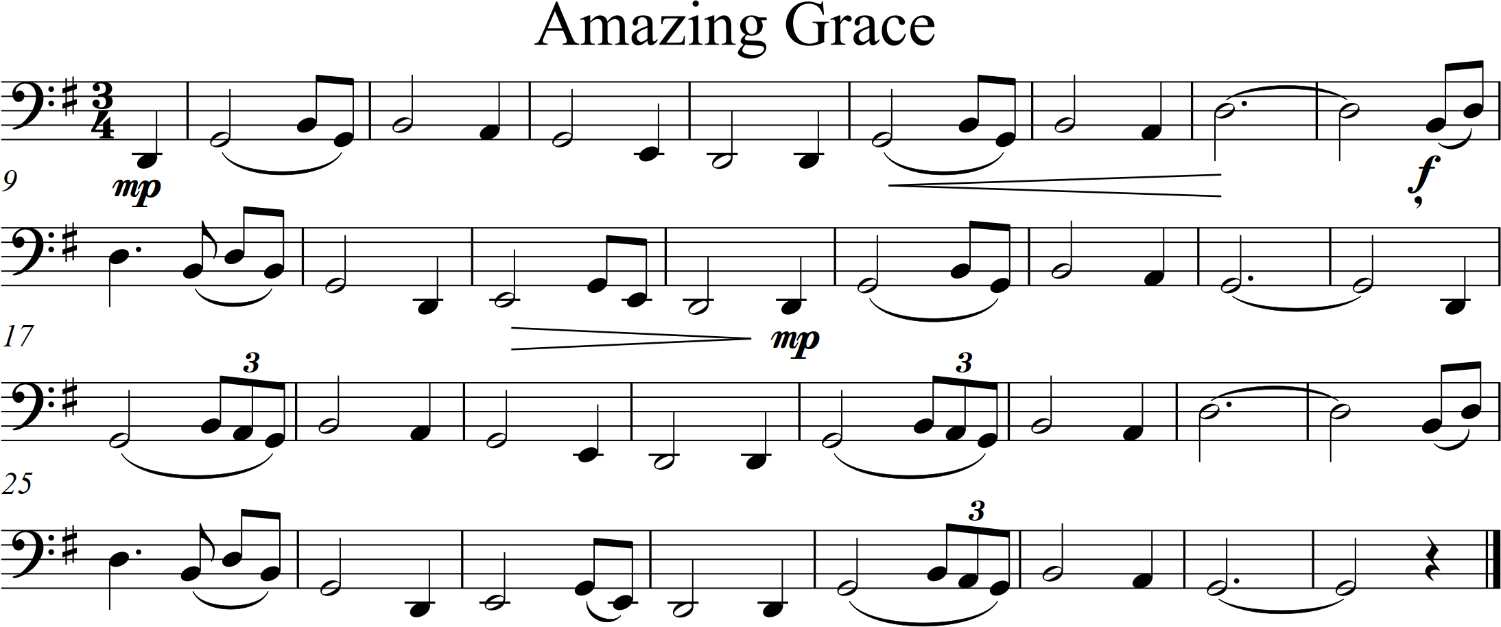 tune Amazing Grace, G major, range D1 to D2
