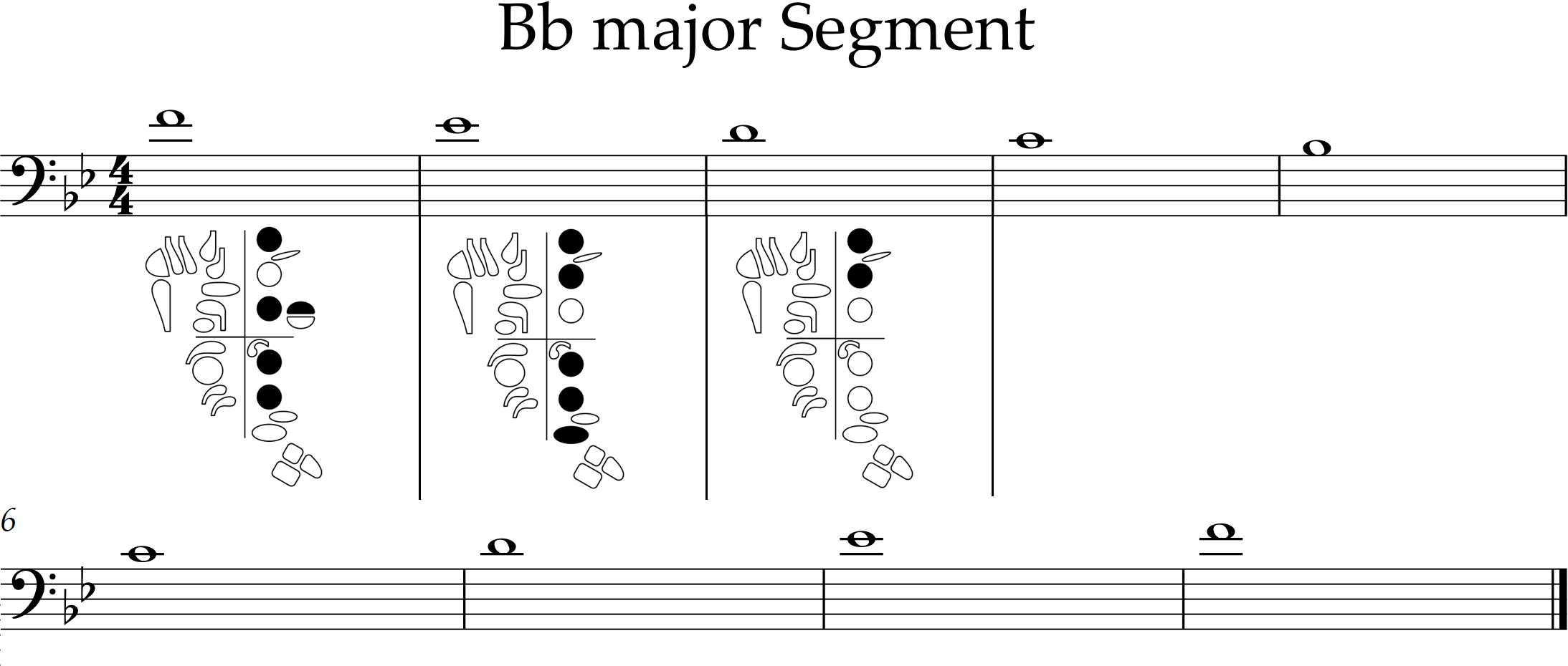descending Bb major scale segment with fingerings for upper F, Eflat, and D
