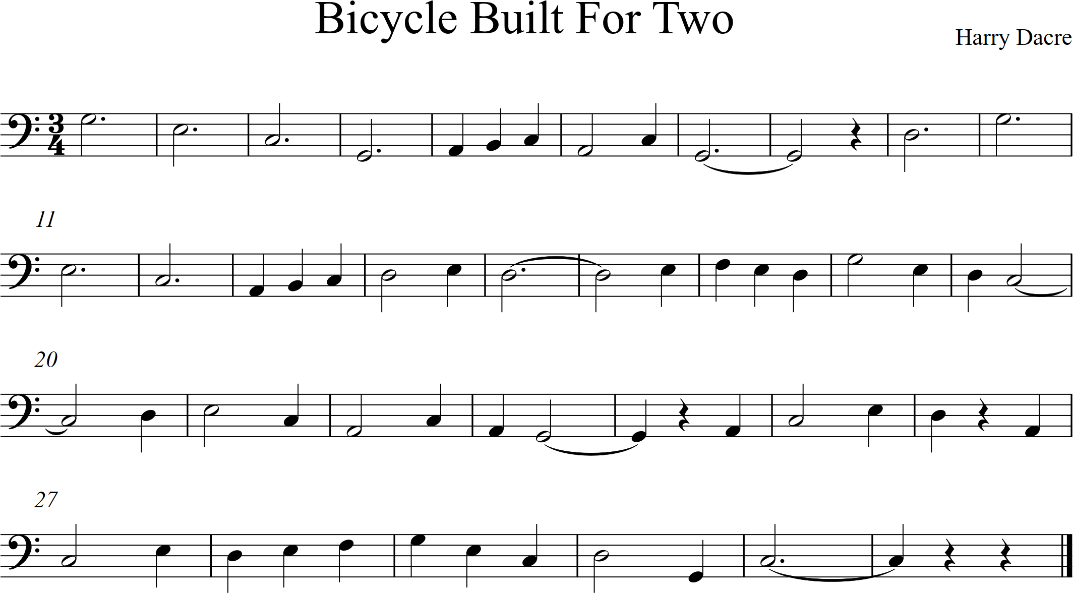 Tune is Bicycle Built for Two, C major, highest pitch is half-hole G