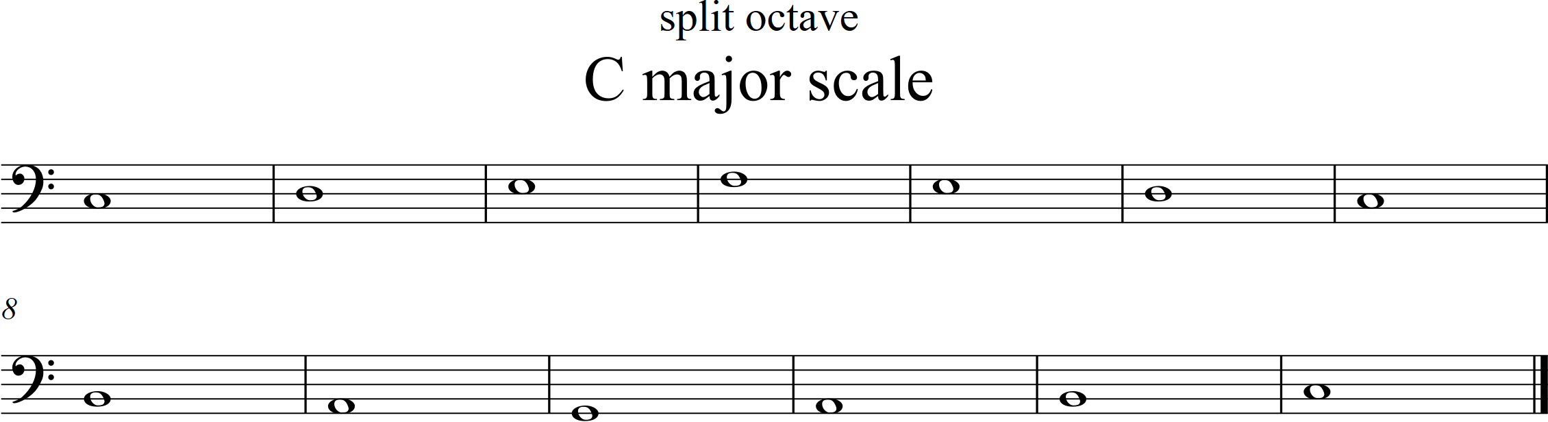 whole notes C2 up to F2 down to F1 back to C2