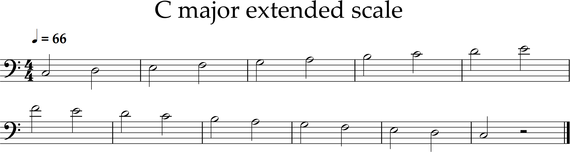 C major scale in half notes from C2 to F4 and back to C2