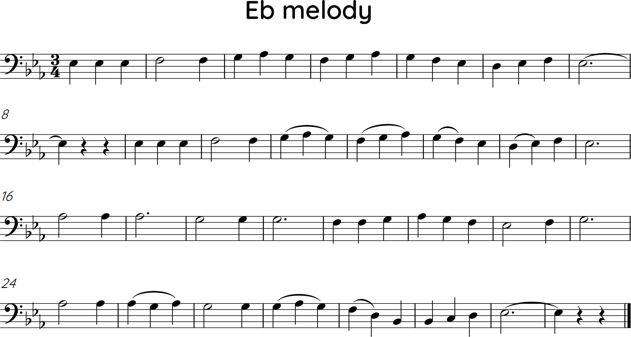 31 bars, key of E-flat, triple meter, range of middle Bb to half-hole A-flat
