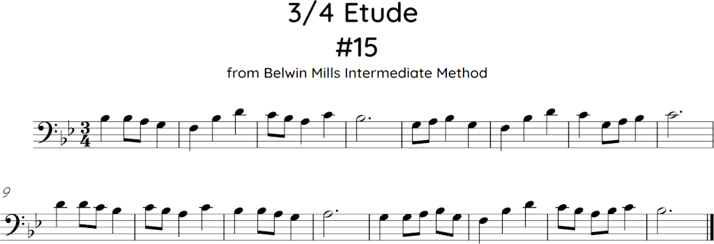16 bar etude in 3/4 meter, range is F2 to D3