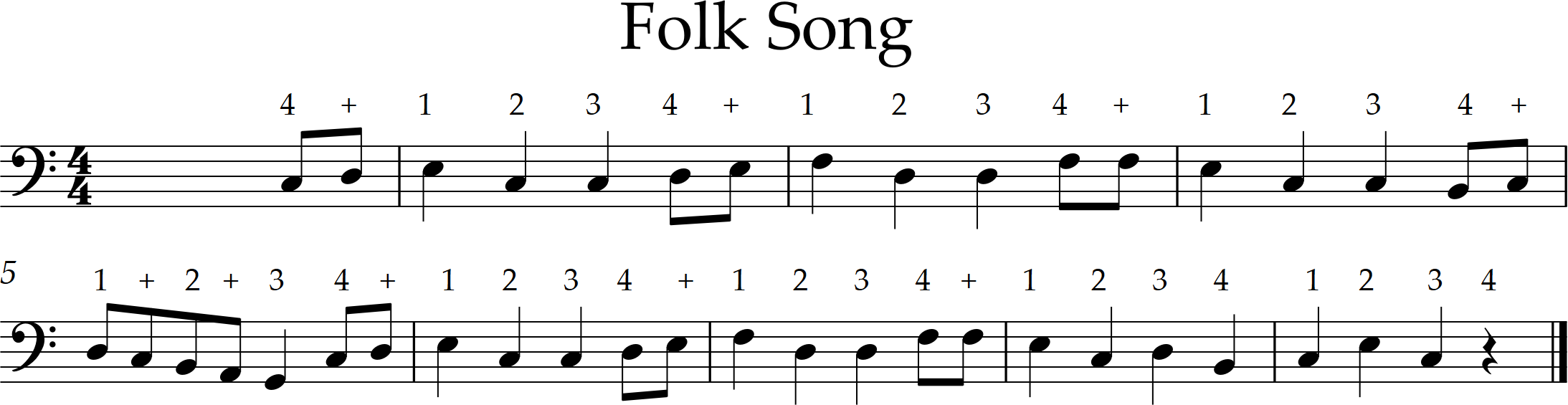 unidentified folk song, C major, 9 bars, quarters and eighth notes