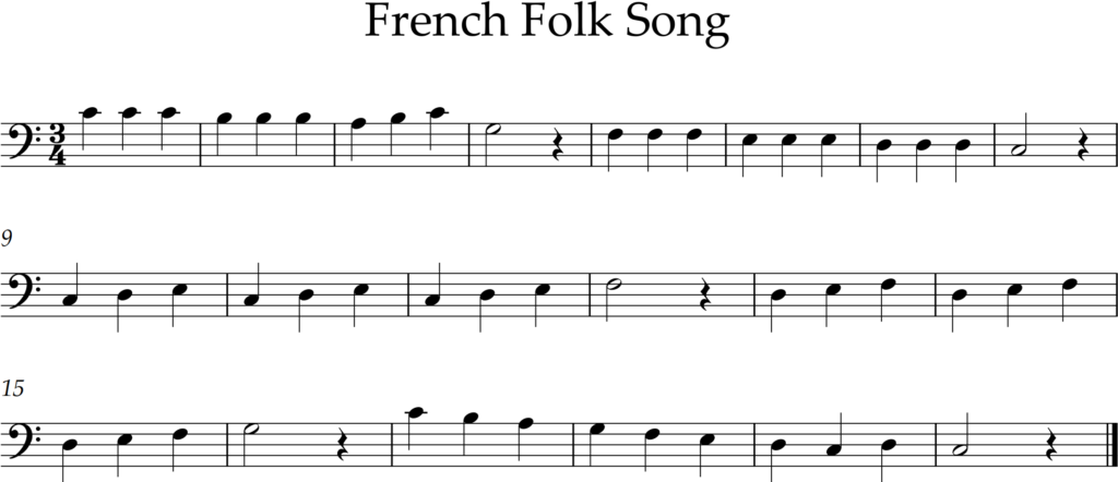 French Folk Song, C major, quarter notes and half notes, 20 bars