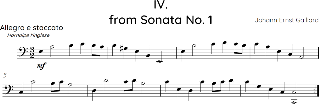 first phrase of mvt. 4 from Sonata No. 1 by Galliard