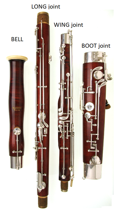 four joints of the bassoon (bell, long, wing, boot)