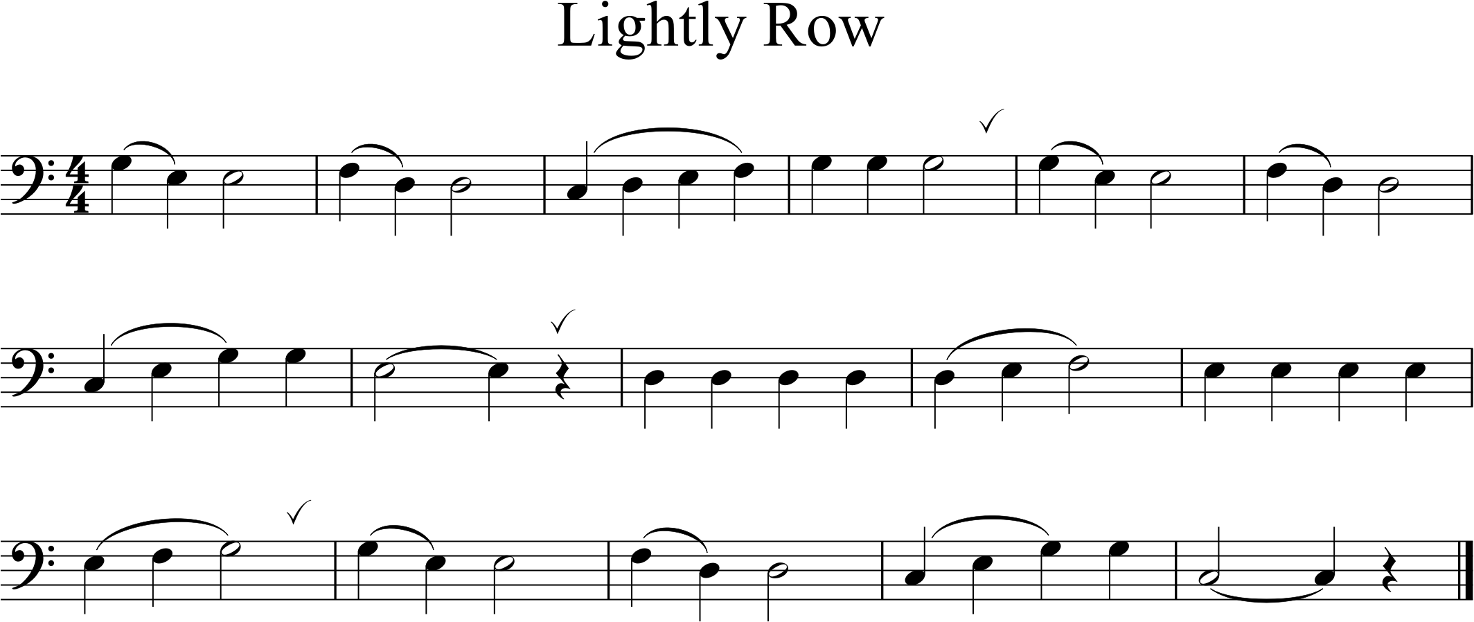 tune is Lightly Row, C major, 16 bars, range middle C to middle G
