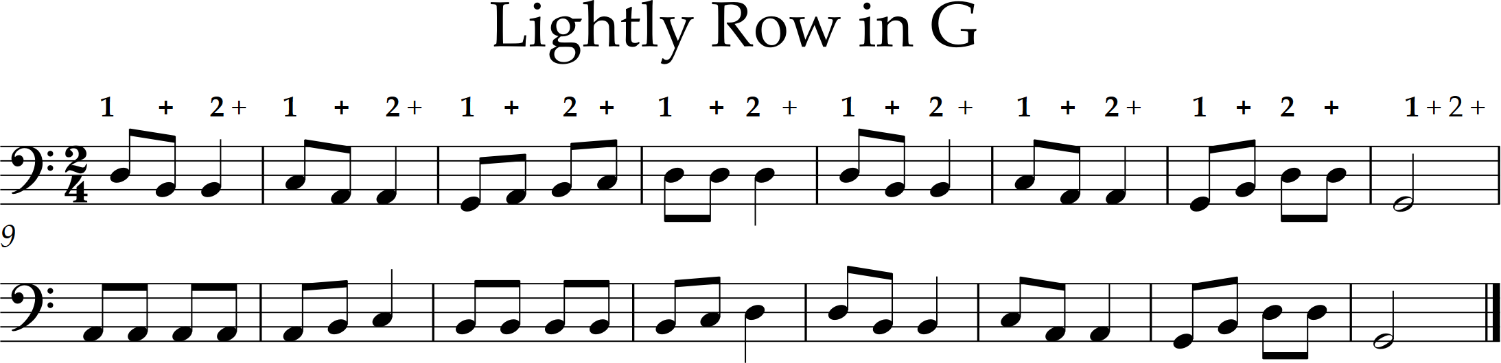 Tune is Lightly Row, key is G major, 16 bars, quarter notes and eighth notes