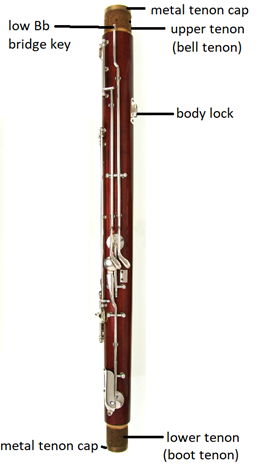 tenon and tenon cap, bridge key, and body lock labeled on long joint