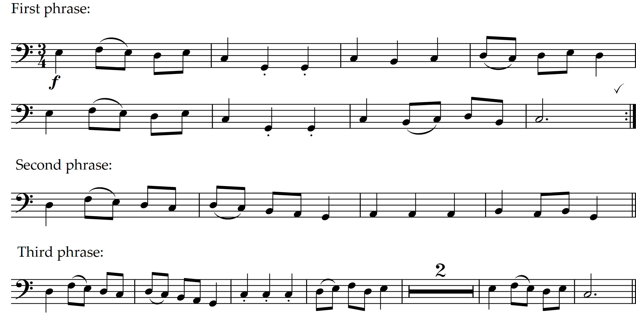 3 phrases from Hotteterre Menuet, range F1 to F2
