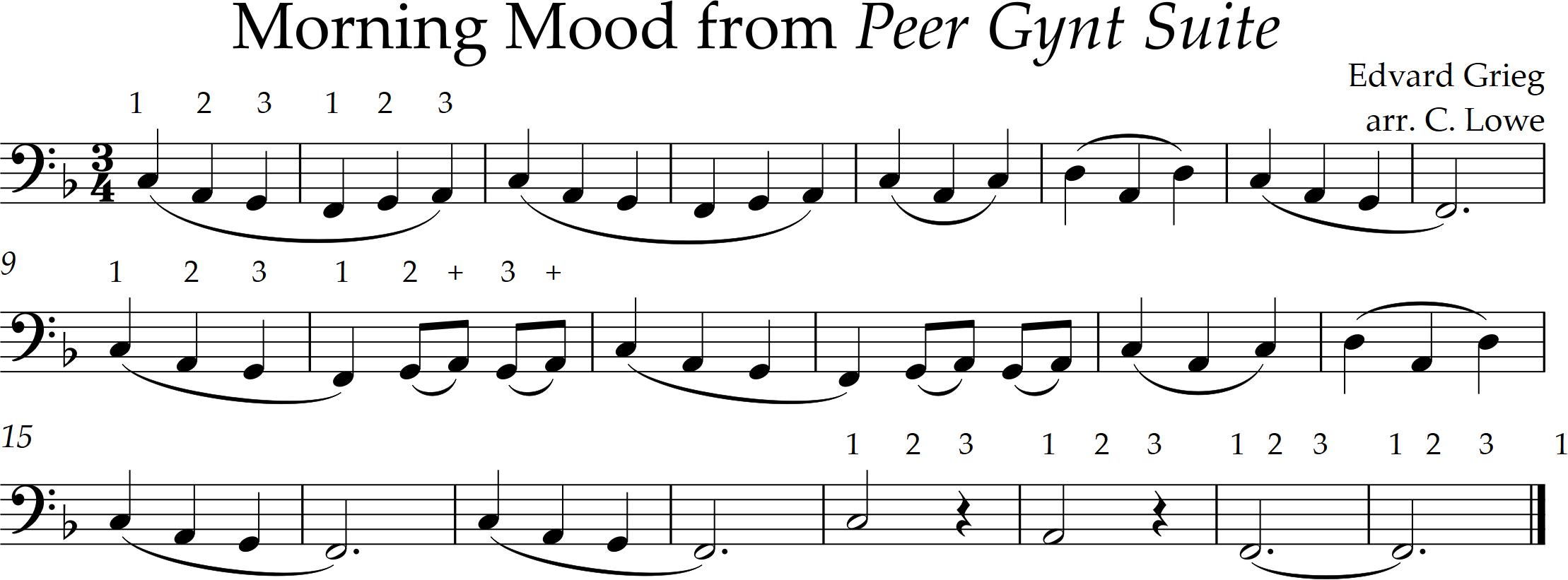 Tune: Morning Mood from Peer Gynt Suite by Edvard Grieg, F major, 22 bars