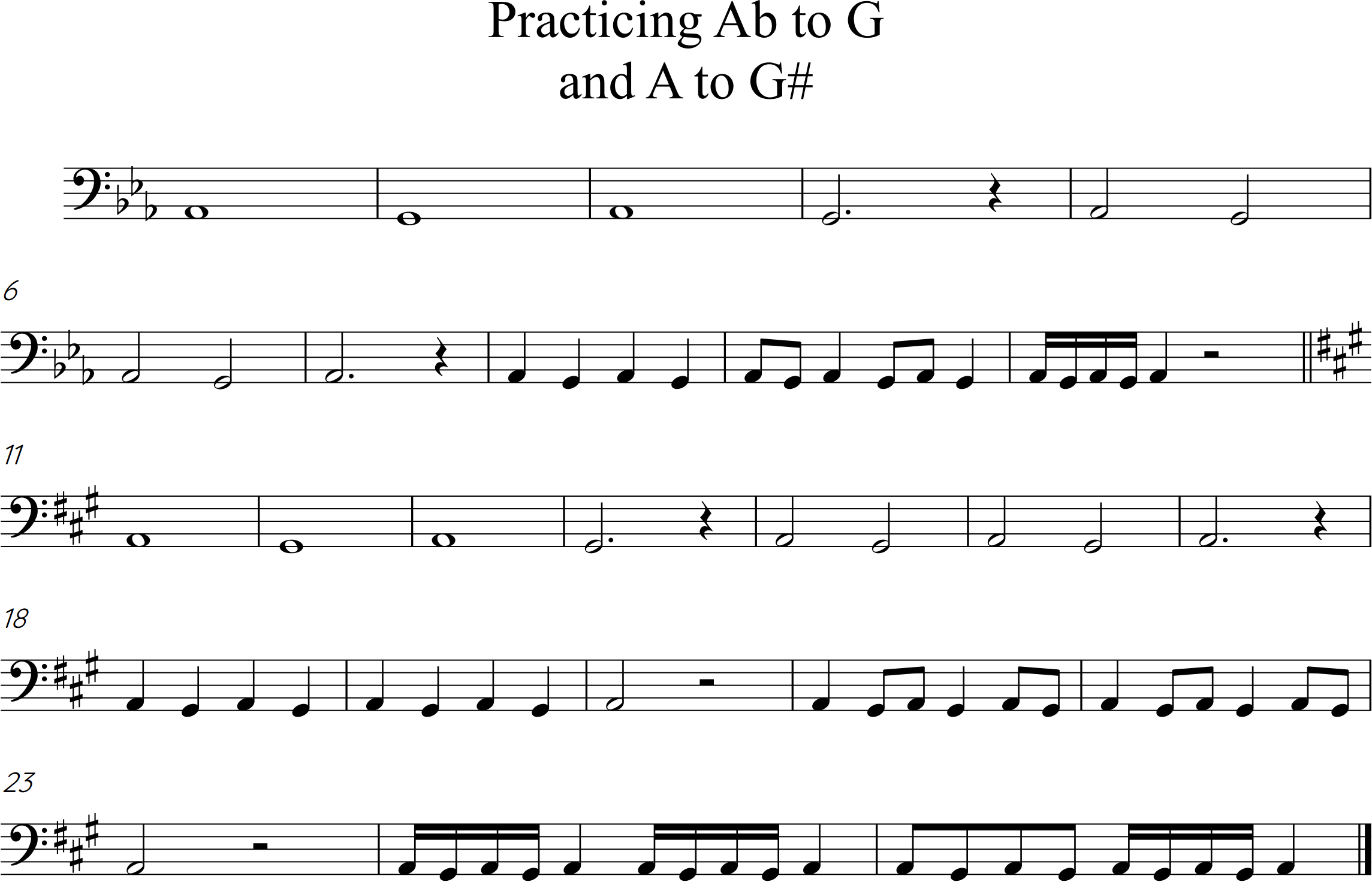 26 bar, 4 pitch exercise playing low A-flat to G and low A to G-sharp