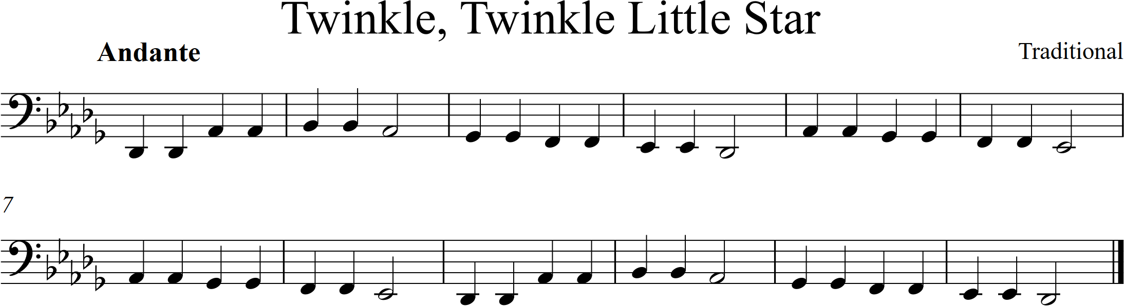 Twinkle Twinkle Little Star in Db major below staff