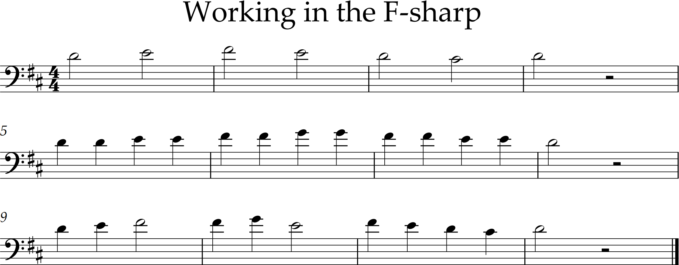 exercise in D major, range B3-F#3, half notes and quarter notes