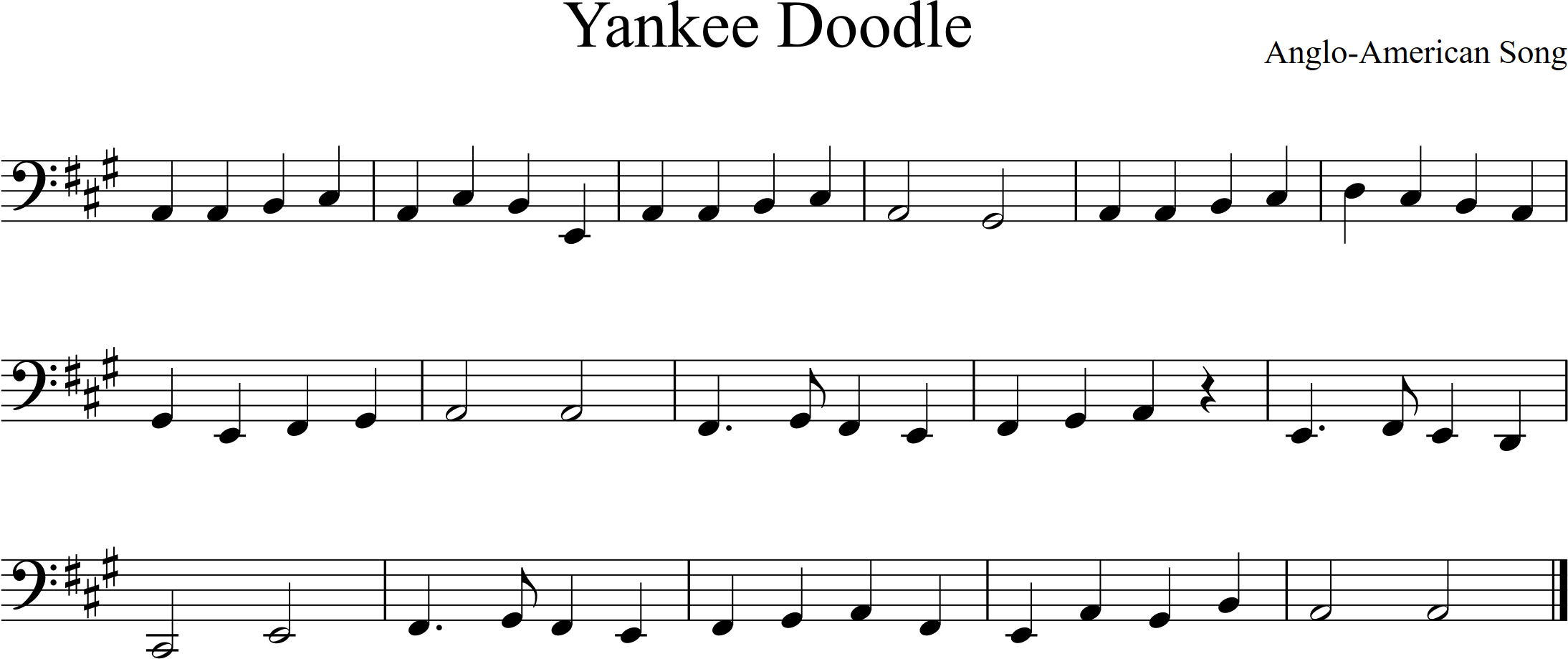 Yankee Doodle in A major, below the staff