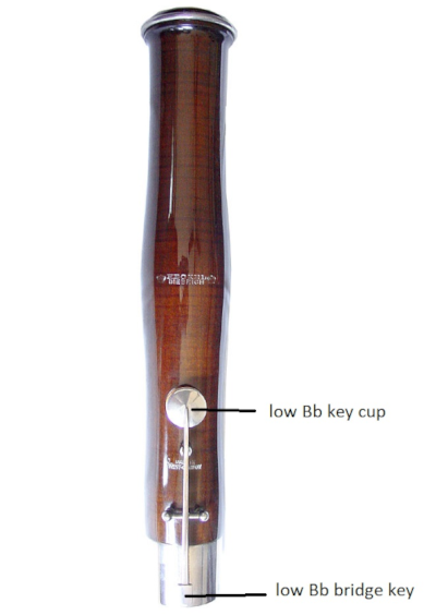 back of bell joint with bridge key and key cup labeled